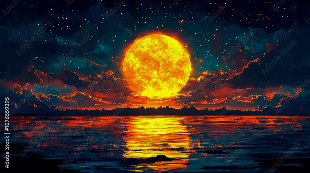 The horizon glows with a radiant sunset as colorful clouds reflect on the calm water, creating a mesmerizing dusk atmosphere The horizon glows with a radiant sunset as colorful clouds reflect on the calm water, creating a mesmerizing dusk atmosphere