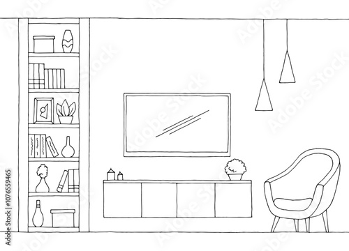 Living room tv graphic black white home interior sketch illustration vector