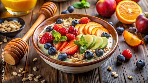 Top View of a Healthy Breakfast Bowl Featuring Creamy Yogurt, Nutty Oats, and Drizzling Honey Surrounded by Fresh Fruits and Nuts with a Beautiful Bokeh Effect