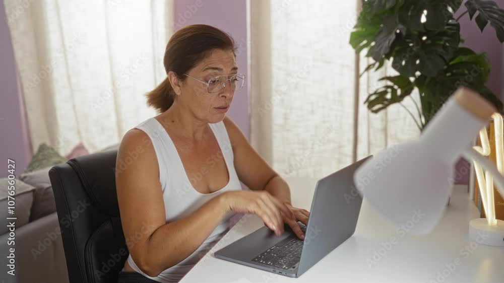Woman working indoors in the living room on a laptop at home, sitting at a desk with a plant and lamp next to her. Woman working indoors in the living room on a laptop at home, sitting at a desk with a plant and lamp next to her.