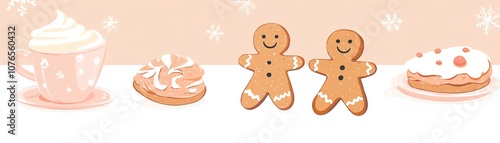 Gingerbread men and holiday cookies, festive dessert table, flat design illustration