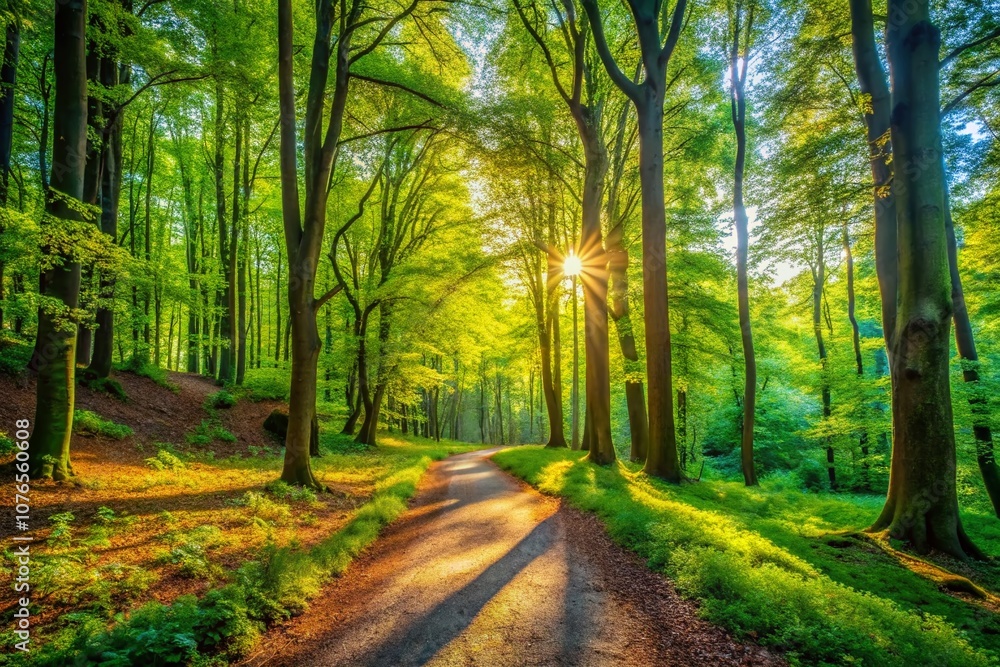 Fototapeta premium Tranquil Forest Pathway Through Lush Green Trees Inviting Nature Walks and Scenic Adventures in Serene Wilderness