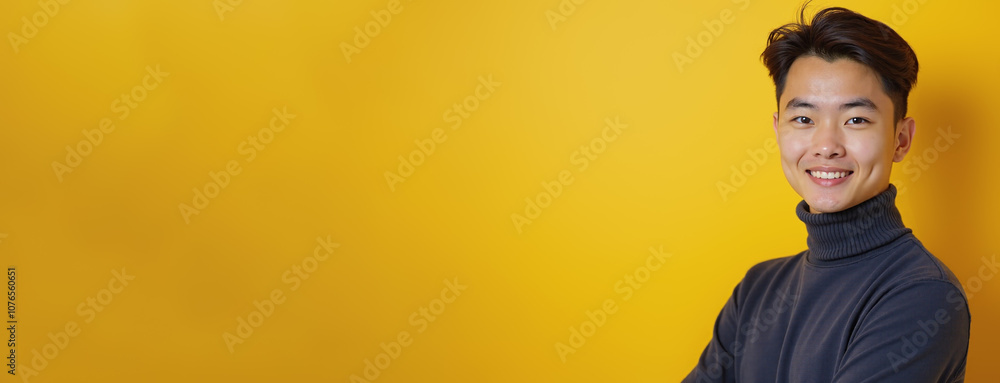 Asian man smiling confidently in turtleneck against bright yellow background with copy space Asian man smiling confidently in turtleneck against bright yellow background with copy space