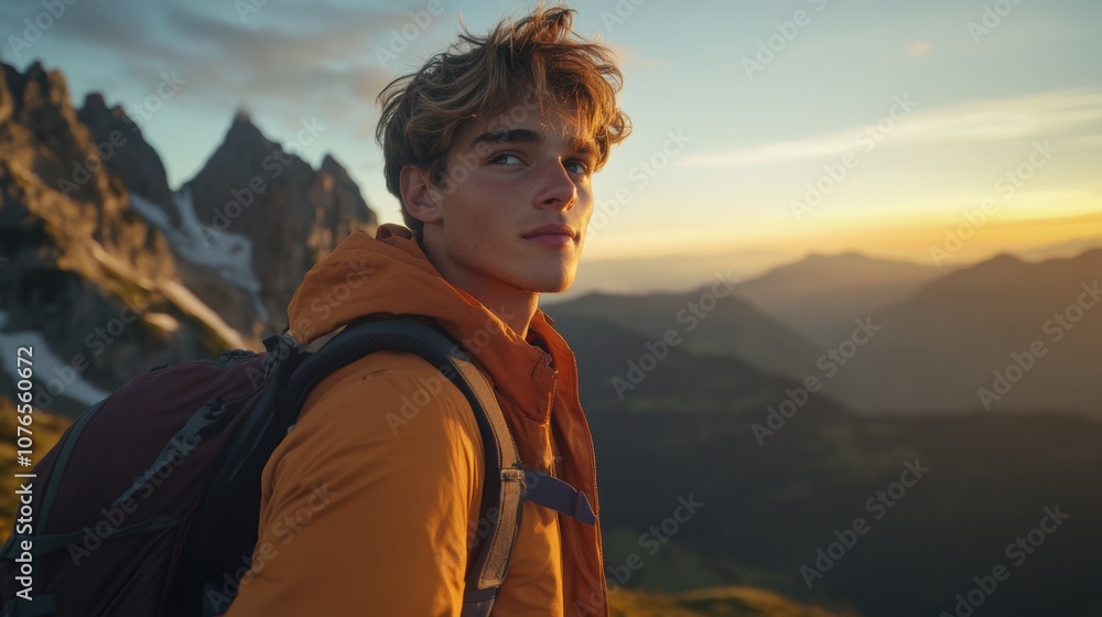 Young man with casual outdoor look vlogging from a mountain peak, holding a camera with scenic landscape views at sunset, wearing a backpack and hiking attire, capturing adventure and nature. Young man with casual outdoor look vlogging from a mountain peak, holding a camera with scenic landscape views at sunset, wearing a backpack and hiking attire, capturing adventure and nature.