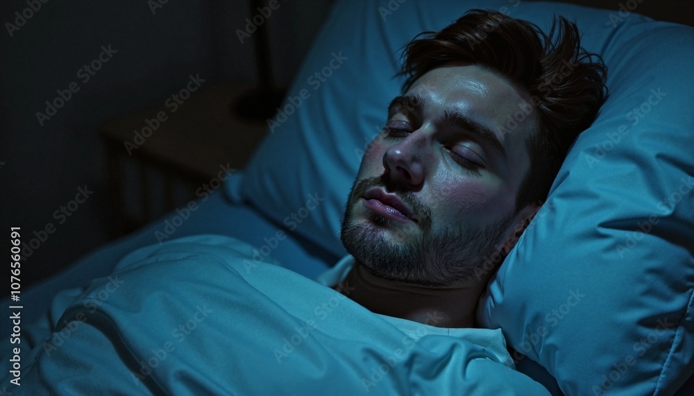 Man peacefully sleeping in dark bedroom against blue bedding Man peacefully sleeping in dark bedroom against blue bedding