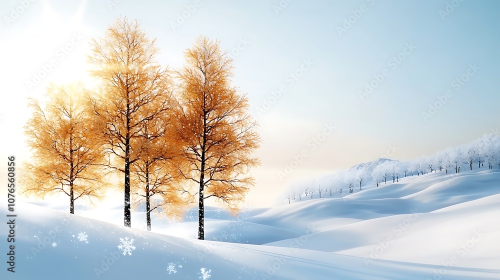 Obraz premium The winter scene is a breathtaking sight with snow covered hills that glisten under the bright sun, casting a golden hue over the pristine landscape