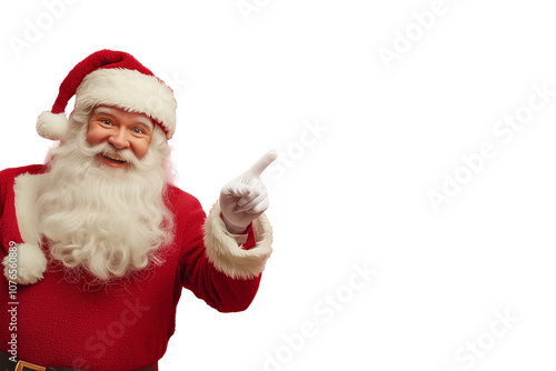 Isolated santa claus is pointing and smiling. Santa is holting a sign. Advertisement. Transparent. Template.  photo