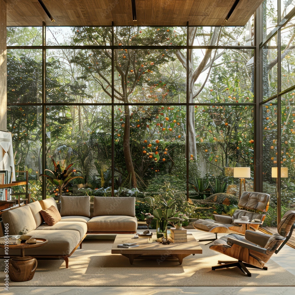 3D Illustration of a Modern Living Room with Large Windows Overlooking a Lush Garden 3D Illustration of a Modern Living Room with Large Windows Overlooking a Lush Garden