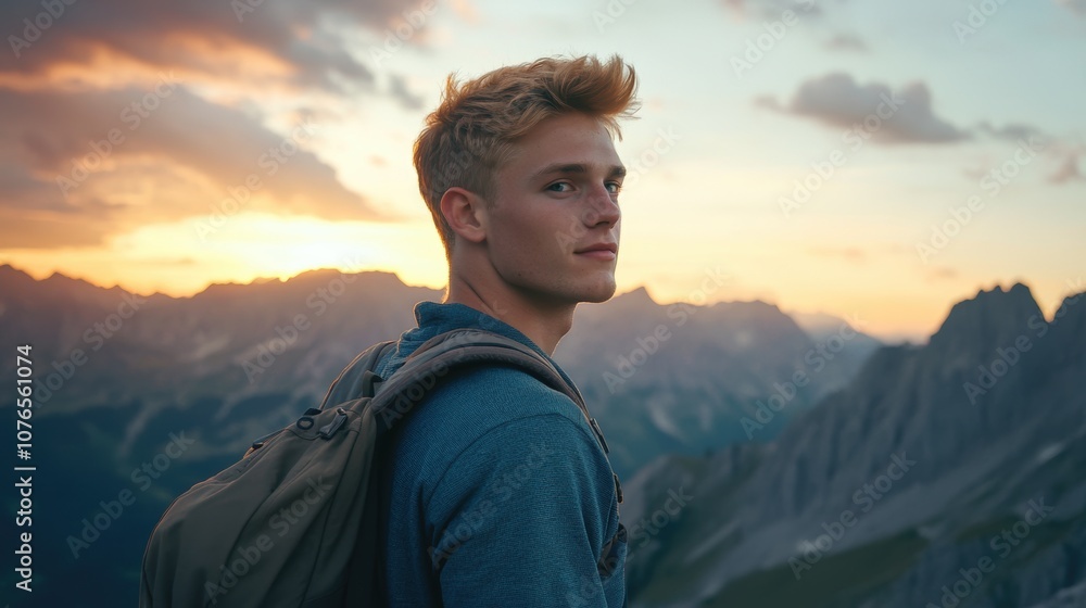 Young man with casual outdoor look vlogging from a mountain peak, holding a camera with scenic landscape views at sunset, wearing a backpack and hiking attire, capturing adventure and nature. Young man with casual outdoor look vlogging from a mountain peak, holding a camera with scenic landscape views at sunset, wearing a backpack and hiking attire, capturing adventure and nature.