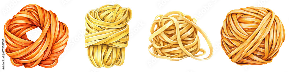 A collection of various colored pasta noodles, each shaped into distinct, tangled nests. A collection of various colored pasta noodles, each shaped into distinct, tangled nests.