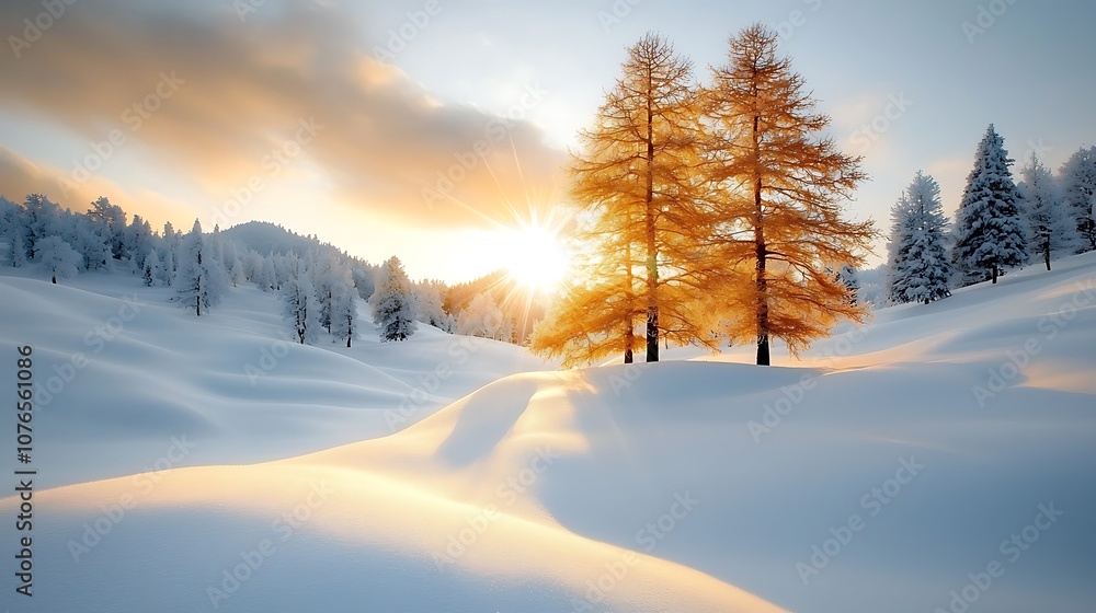 The winter scene is a breathtaking sight with snow covered hills that glisten under the bright sun, casting a golden hue over the pristine landscape The winter scene is a breathtaking sight with snow covered hills that glisten under the bright sun, casting a golden hue over the pristine landscape