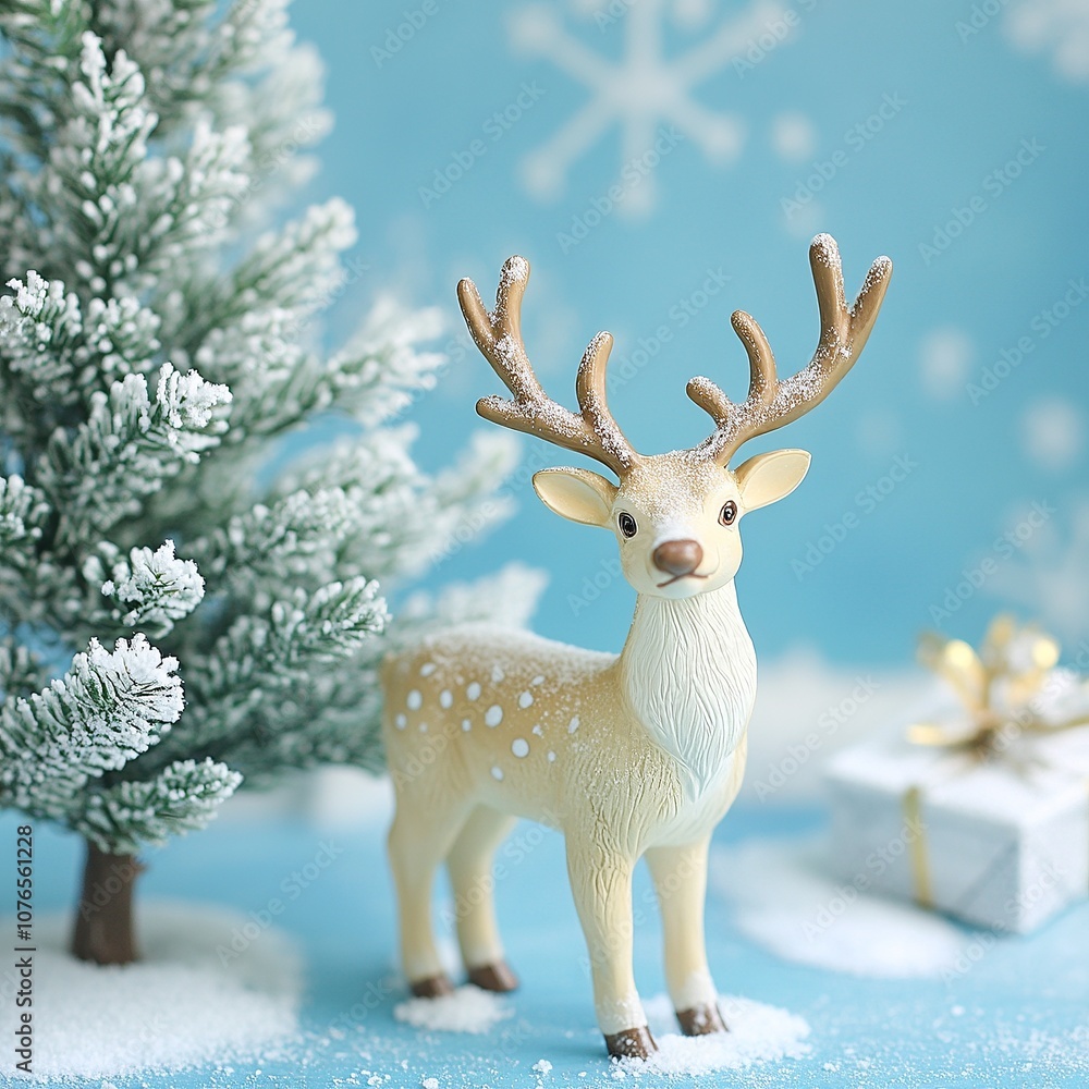 reindeer figurine next to a snowy tree, against a soft blue background- reindeer figurine next to a snowy tree, against a soft blue background-