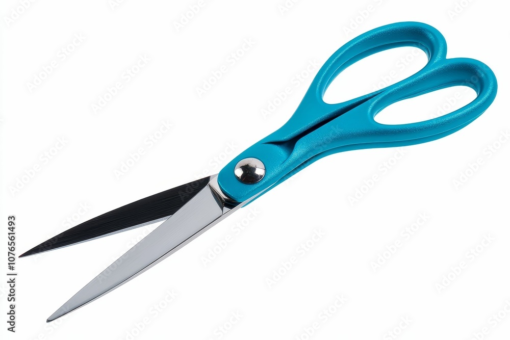 Blue handled scissors with silver blades. Blue handled scissors with silver blades.