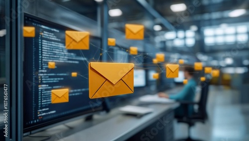 Digital Illustration of an Email Network with Orange Envelopes and Yellow People Icons