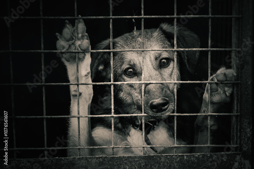 Stray dog in animal shelter waiting for adoption. Portrait of homeless dog in animal shelter cage. photo