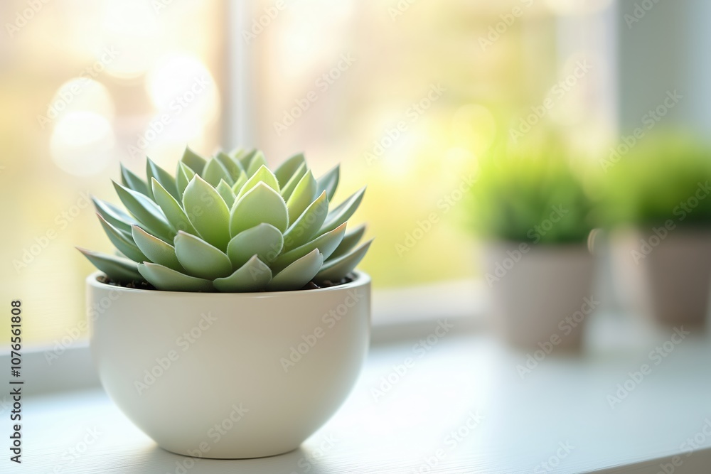Close-up of succulent in white pot with blurred background, product placement Close-up of succulent in white pot with blurred background, product placement