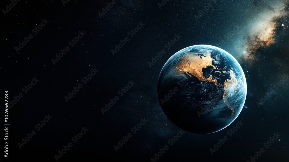 Fototapeta premium View of Earth from space with illuminated continents at night, stars in the background, showing North and South America against a dark starry sky.