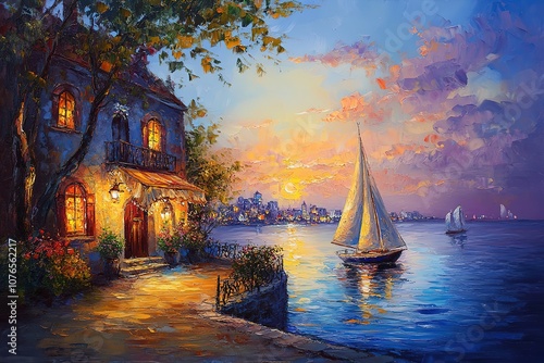 Fototapeta Naklejka Na Ścianę i Meble -  Oil painting depicting a sea view of the city in the evening light, with warm colors, a sunset sky, a sailboat on the water surface,