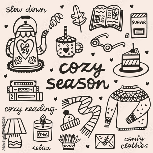 Cozy season hygge graphic doodle elements. Hand drawn vector set of cozy home illustrations. Interior, books, comfy clothes, cake, tea, hot drink, plant and lettering quotes.