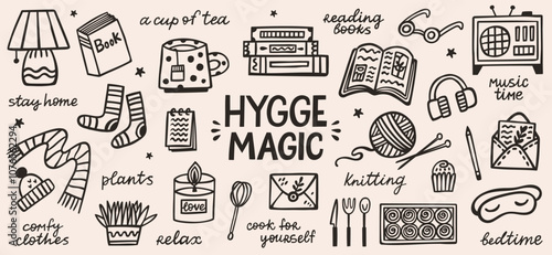 Cozy season hygge magic graphic doodle elements. Hand drawn vector set of cozy home illustrations. Interior, books, comfy clothes, cake, tea, hot drink, plant and lettering quotes.