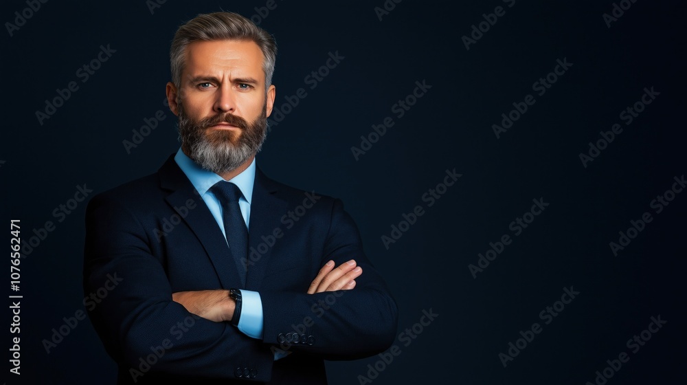 well-dressed man with a distinguished beard stands confidently with crossed arms in a dimly lit office environment, exuding professionalism and charisma well-dressed man with a distinguished beard stands confidently with crossed arms in a dimly lit office environment, exuding professionalism and charisma
