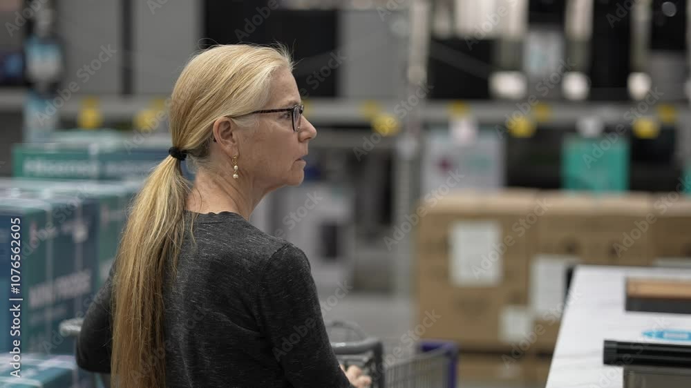 Mature woman pushes shopping cart to kitchen faucet display and examines a chrome kitchen faucet in a home improvement store. She is comparing different models. Mature woman pushes shopping cart to kitchen faucet display and examines a chrome kitchen faucet in a home improvement store. She is comparing different models.