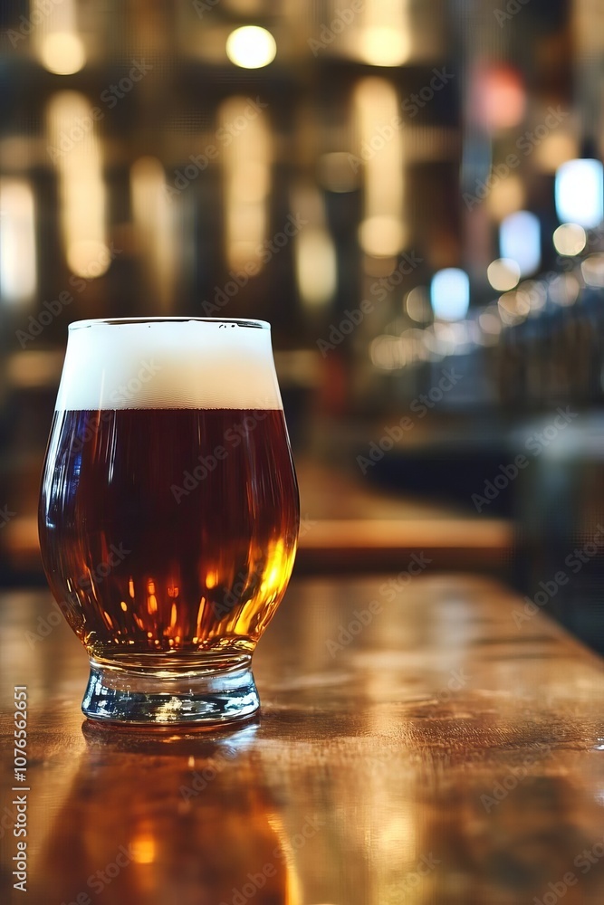 Cold, Craft Beer in a Tulip Glass Shines on a Copper Bar, Creating a Warm, Inviting Atmosphere