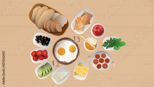 Turkish breakfast on wooden table .top view. fried egg in copper pan, Turkish fried sausage (sucuk) in a pan,breads, borek, strawberry jam, honey and clotted cream(kaymak) olives, cheese, vegetables. 
