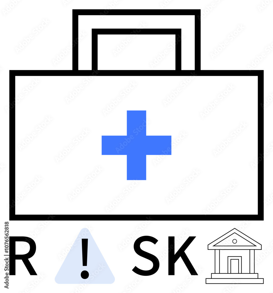 Briefcase with blue cross, exclamation point in a triangle, and bank building outline. Ideal for healthcare, finance, insurance, safety protocols, emergency planning medical risk strategy. Line Briefcase with blue cross, exclamation point in a triangle, and bank building outline. Ideal for healthcare, finance, insurance, safety protocols, emergency planning medical risk strategy. Line