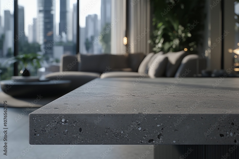 Concrete tabletop in modern apartment with city view, product placement Concrete tabletop in modern apartment with city view, product placement