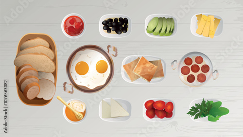 Turkish breakfast on wooden table .top view. fried egg in copper pan, Turkish fried sausage (sucuk) in a pan,breads, borek, strawberry jam, honey and clotted cream(kaymak) olives, cheese, vegetables. 