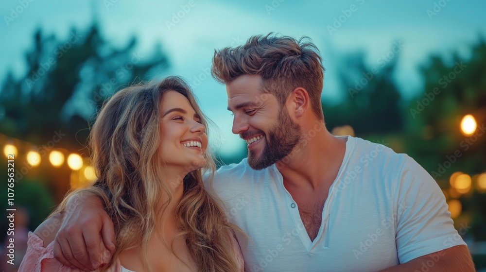 Fototapeta premium happy couple shares a loving moment under string lights in a cozy outdoor location as twilight descends, creating a charming and intimate atmosphere