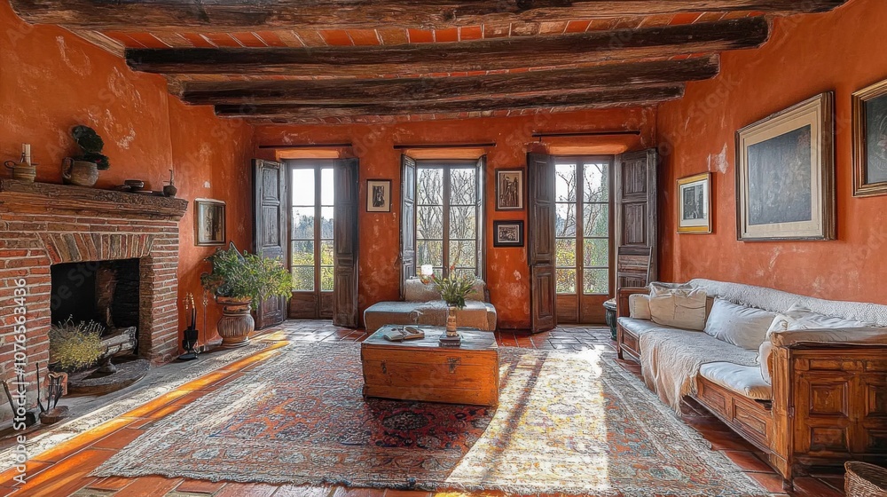 Fototapeta premium Cozy living room with rustic decor and natural light.