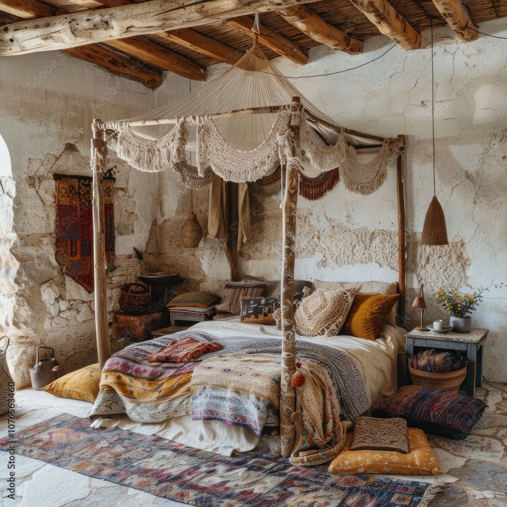Rustic Bedroom Interior Design with Wooden Beams, Hammock Canopy, and Colorful Pillows Rustic Bedroom Interior Design with Wooden Beams, Hammock Canopy, and Colorful Pillows