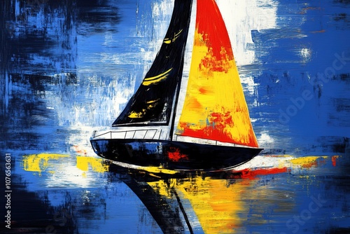 Abstract digital painting of a modern racing sailboat with black, white, and yellow sails on the right side of the canvas