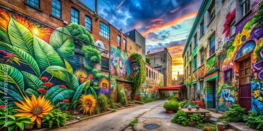 Fototapeta premium Urban Exploration Photography: Nature-Inspired Murals and Street Art in a Vibrant Cityscape Blending Urban Life with Natural Elements for Stunning Visuals