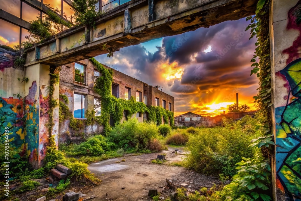 Obraz premium Urban Exploration Photography Capturing the Essence of Abandoned Locations, Graffiti Art, and Urban Decay in a Cityscape Filled with History and Mystery