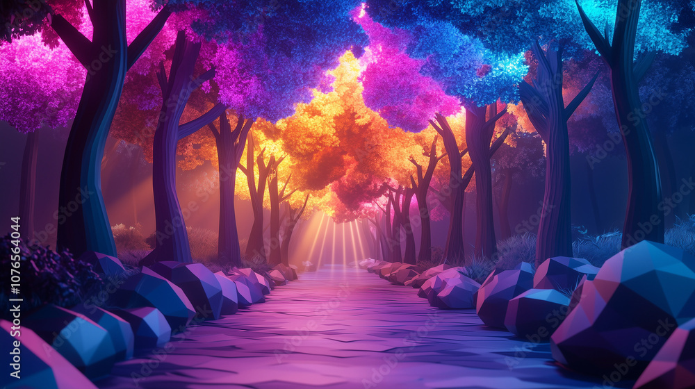 Fototapeta premium Enchanted Forest Path with Radiant Trees in Orange and Purple Hues