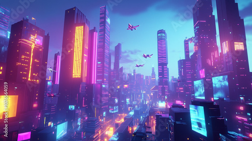 Wallpaper Mural Cyberpunk Neon Cityscape With Futuristic Skyscrapers Aircraft And Glowing Billboards Torontodigital.ca