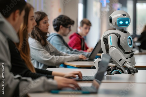 Students Interacting with AI Robot in Classroom Setting