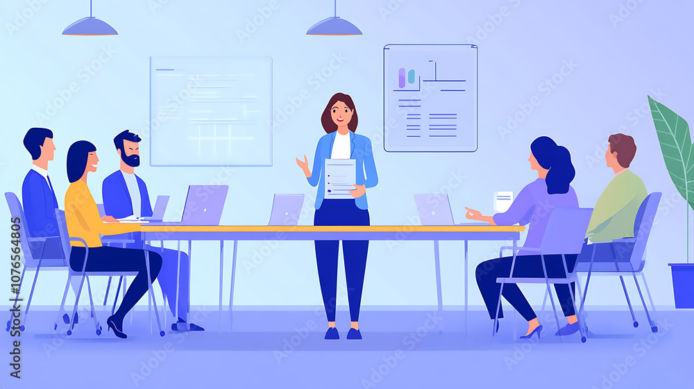 A woman standing at the head of a table, explaining a report to a team of professionals in a modern office space A woman standing at the head of a table, explaining a report to a team of professionals in a modern office space