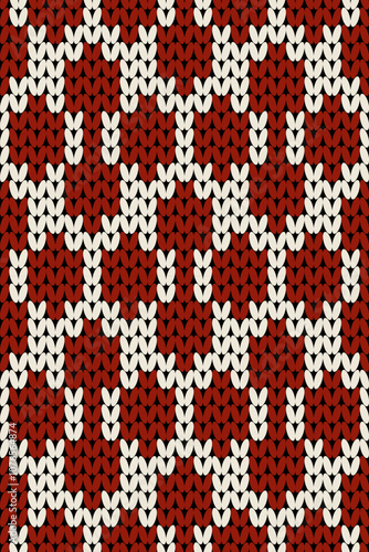 knitted pattern with a repeating. It appears to be a traditional Christmas or winter sweater pattern with a red and white color scheme. A series of interlocking shapes that create a geometric design.