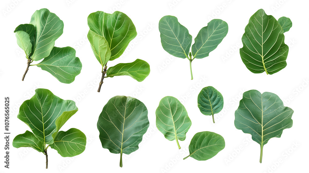 Set of green fiddle-leaf figs leaves isolated on transparent background Set of green fiddle-leaf figs leaves isolated on transparent background