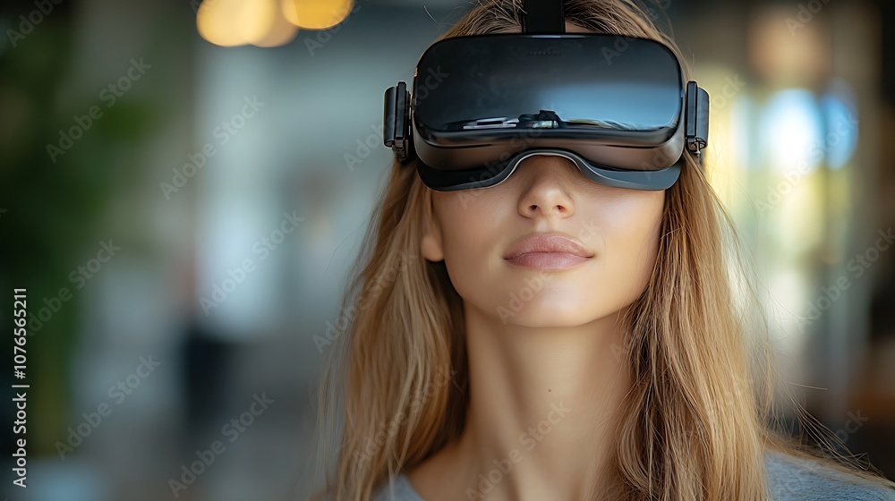 Woman enjoys virtual reality experience with headset Woman enjoys virtual reality experience with headset