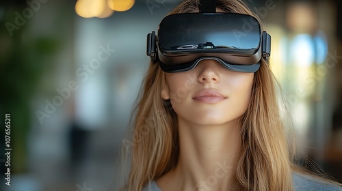 Woman enjoys virtual reality experience with headset