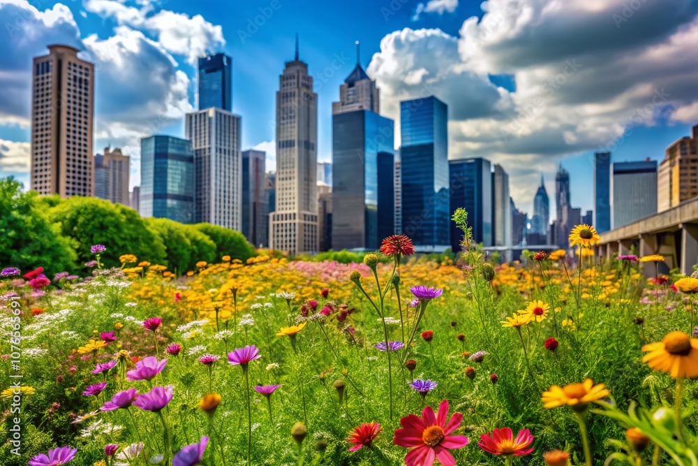 Urban Green Space with Blooming Wildflowers and City Buildings in the Background - A Lush Urban Oasis Showcasing Nature Amidst Concrete Skyscrapers and Modern Architecture Urban Green Space with Blooming Wildflowers and City Buildings in the Background - A Lush Urban Oasis Showcasing Nature Amidst Concrete Skyscrapers and Modern Architecture