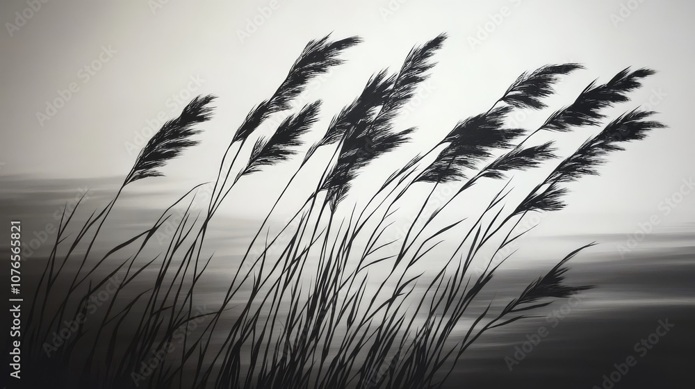 A silhouette of tall grass blowing in the wind against a blurred background. A silhouette of tall grass blowing in the wind against a blurred background.