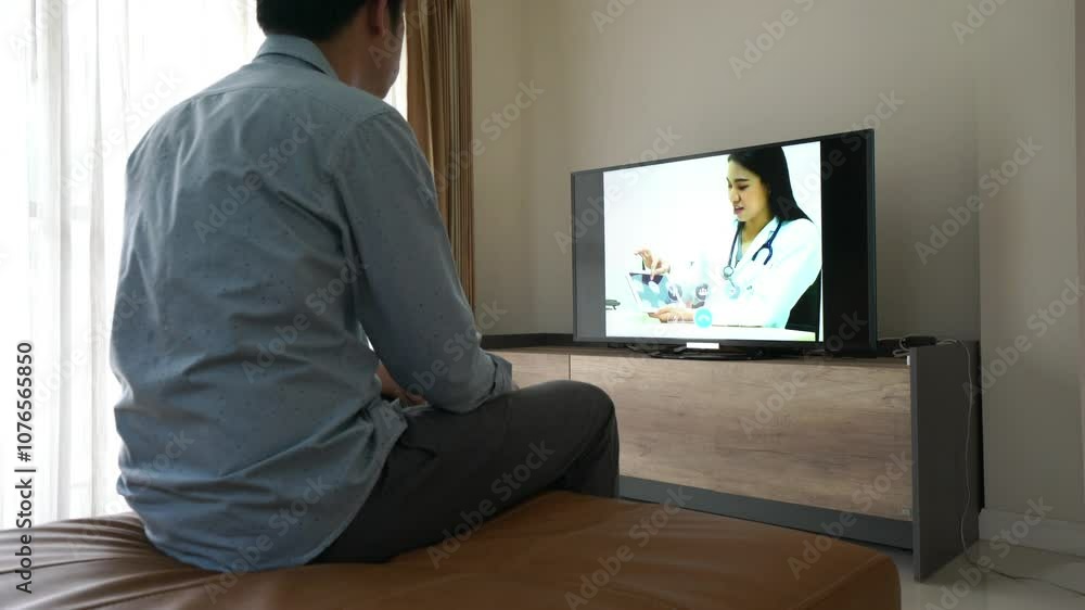 A man is sitting in front of a television watching a doctor on a screen. The man is holding a tablet in his hand A man is sitting in front of a television watching a doctor on a screen. The man is holding a tablet in his hand