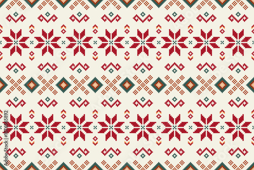 Pixel seamless pattern of a traditional Scandinavian Christmas pattern featuring red snowflakes on a white background.