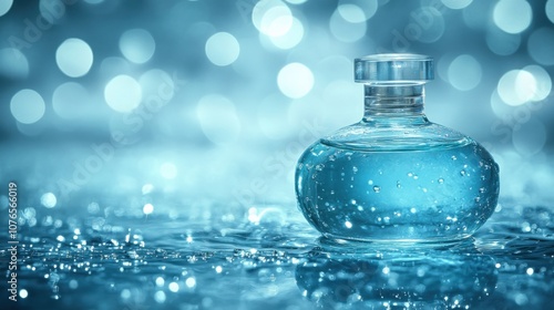 Elegant Aqua Perfume Bottle with Shimmering Bokeh Background